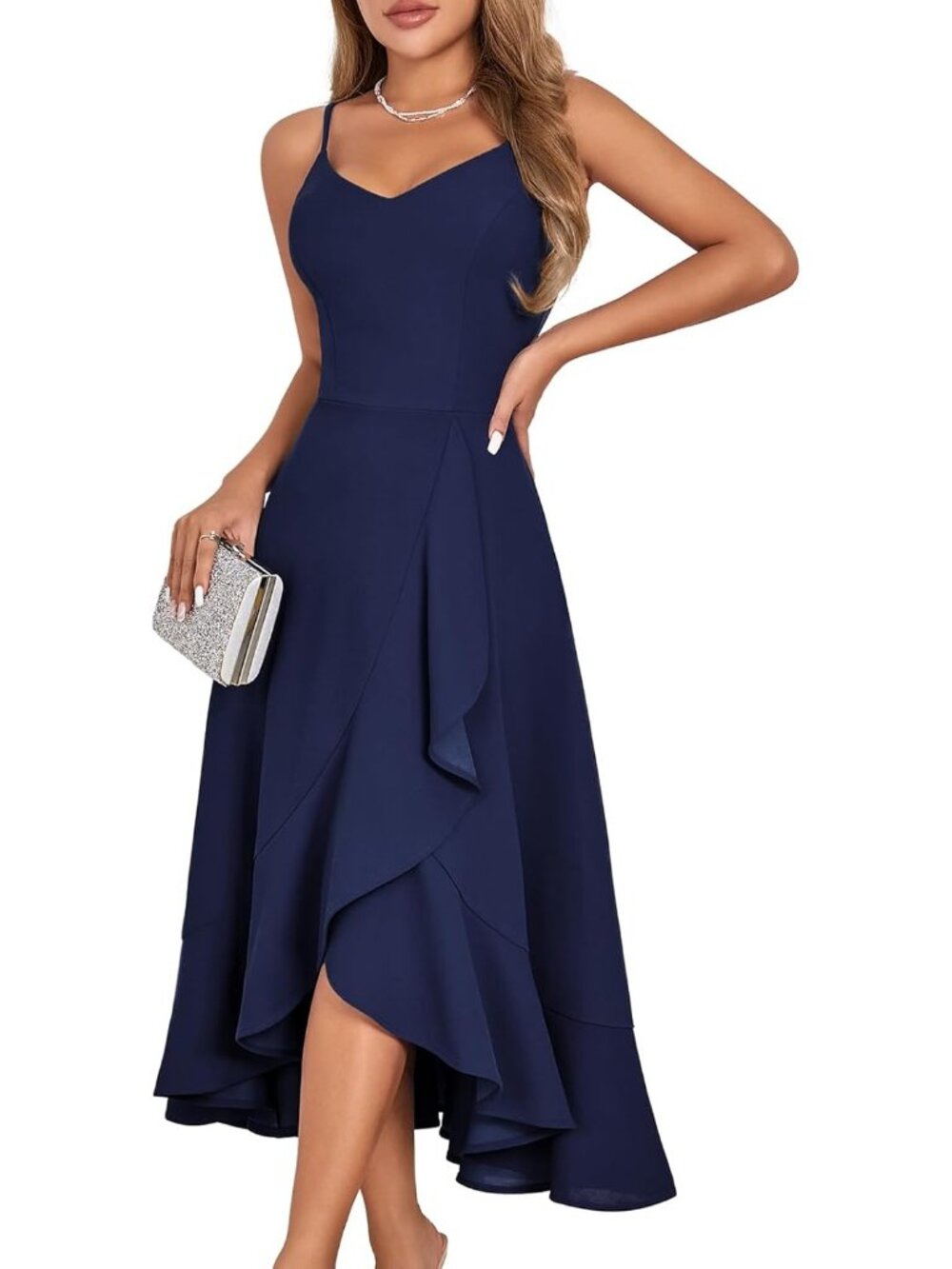 Women's Sleeveless Cocktail Dress Navy Formal Church High Low Ruffle Dress